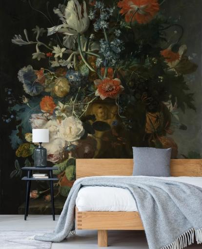 mural de papel pintado floral llamado Naturaleza muerta con flores y frutas (1721) de Jan van Huysum para salas de estar, pasillos y baños mural de papel pintado floral llamado Naturaleza muerta con flores y frutas (1721) de Jan van Huysum para salas de estar, pasillos y baños