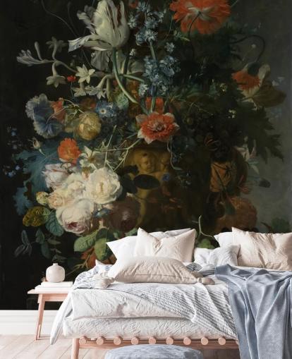 blommig tapetväggmålning kallad Stilleben med blommor och frukt (1721) av Jan van Huysum för vardagsrum, hallar och badrum blommig tapetväggmålning kallad Stilleben med blommor och frukt (1721) av Jan van Huysum för vardagsrum, hallar och badrum