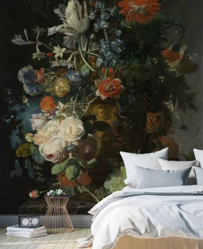 floral wallpaper mural called Still Life with Flowers and Fruit (1721) by Jan van Huysum for living rooms, hallways and bathrooms