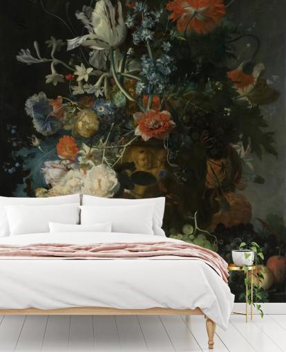 blommig tapetväggmålning kallad Stilleben med blommor och frukt (1721) av Jan van Huysum för vardagsrum, hallar och badrum blommig tapetväggmålning kallad Stilleben med blommor och frukt (1721) av Jan van Huysum för vardagsrum, hallar och badrum