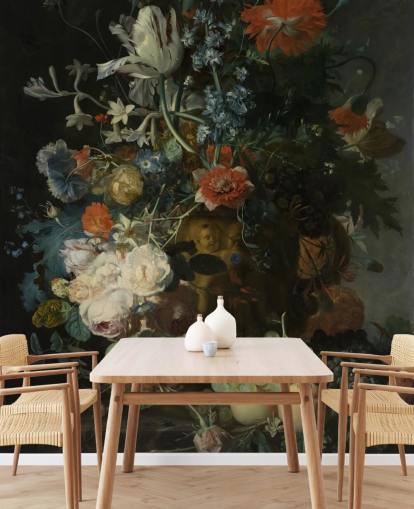 mural de papel pintado floral llamado Naturaleza muerta con flores y frutas (1721) de Jan van Huysum para salas de estar, pasillos y baños