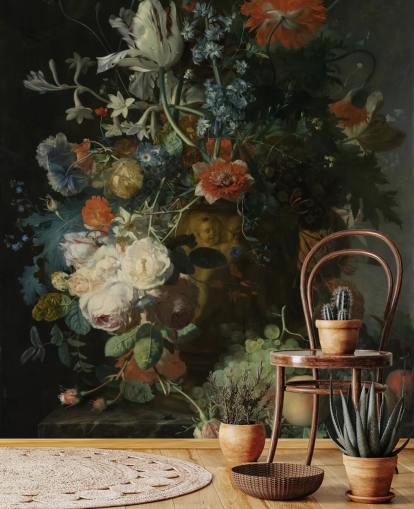 blomstertapet veggmaleri kalt Stilleben med blomster og frukt (1721) av Jan van Huysum for stuer, ganger og bad