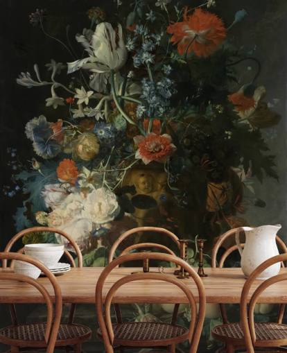 papier peint floral intitulé Nature morte aux fleurs et aux fruits (1721) de Jan van Huysum pour les salons, les couloirs et les salles de bains