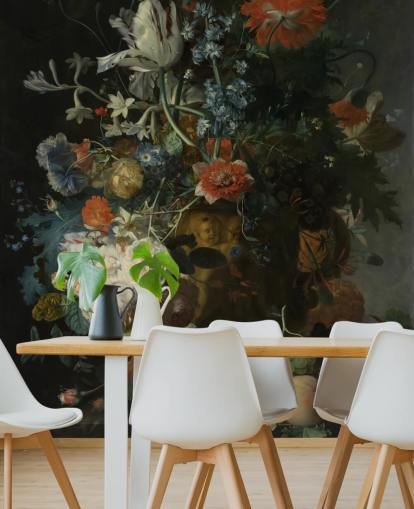 floral wallpaper mural called Still Life with Flowers and Fruit (1721) by Jan van Huysum for living rooms, hallways and bathrooms