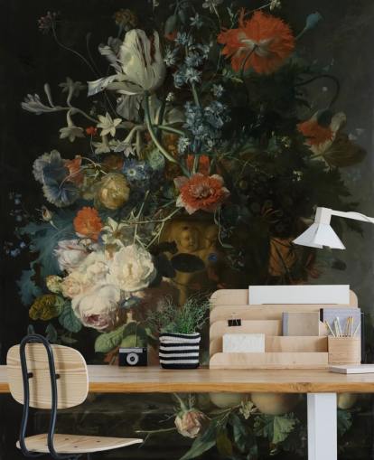 Blumentapete mit dem Titel Stillleben mit Blumen und Früchten (1721) von Jan van Huysum für Wohnzimmer, Flure und Badezimmer