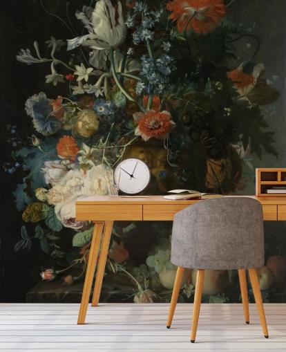 mural de papel pintado floral llamado Naturaleza muerta con flores y frutas (1721) de Jan van Huysum para salas de estar, pasillos y baños