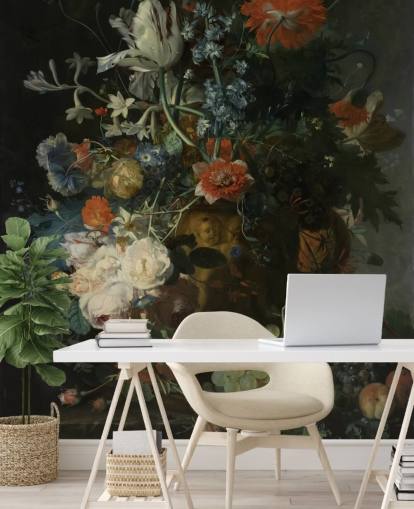 floral wallpaper mural called Still Life with Flowers and Fruit (1721) by Jan van Huysum for living rooms, hallways and bathrooms