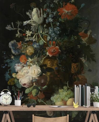 floral wallpaper mural called Still Life with Flowers and Fruit (1721) by Jan van Huysum for living rooms, hallways and bathrooms