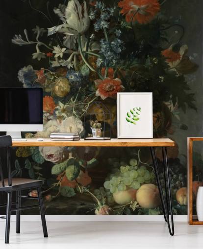 floral wallpaper mural called Still Life with Flowers and Fruit (1721) by Jan van Huysum for living rooms, hallways and bathrooms
