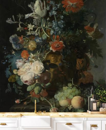 Blumentapete mit dem Titel Stillleben mit Blumen und Früchten (1721) von Jan van Huysum für Wohnzimmer, Flure und Badezimmer Blumentapete mit dem Titel Stillleben mit Blumen und Früchten (1721) von Jan van Huysum für Wohnzimmer, Flure und Badezimmer
