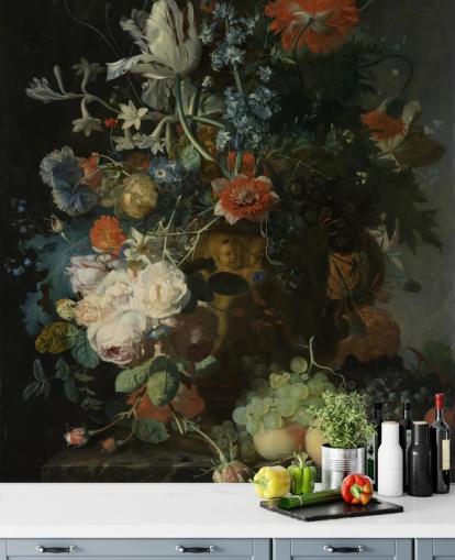 mural de papel de parede floral chamado Still Life with Flowers and Fruit (1721) de Jan van Huysum para salas de estar, corredores e banheiros