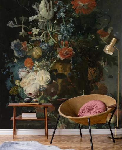 blomstertapetmaleri kaldet Stilleben med blomster og frugt (1721) af Jan van Huysum til stuer, gange og badeværelser