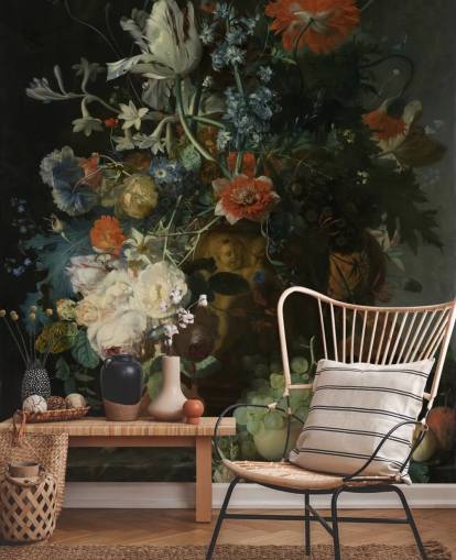 Blumentapete mit dem Titel Stillleben mit Blumen und Früchten (1721) von Jan van Huysum für Wohnzimmer, Flure und Badezimmer Blumentapete mit dem Titel Stillleben mit Blumen und Früchten (1721) von Jan van Huysum für Wohnzimmer, Flure und Badezimmer