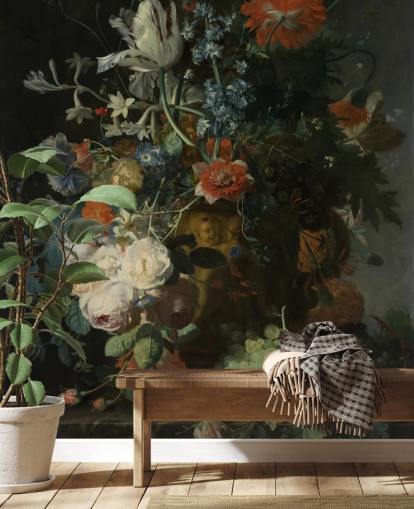papier peint floral intitulé Nature morte aux fleurs et aux fruits (1721) de Jan van Huysum pour les salons, les couloirs et les salles de bains papier peint floral intitulé Nature morte aux fleurs et aux fruits (1721) de Jan van Huysum pour les salons, les couloirs et les salles de bains