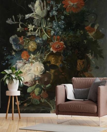blomstertapet veggmaleri kalt Stilleben med blomster og frukt (1721) av Jan van Huysum for stuer, ganger og bad blomstertapet veggmaleri kalt Stilleben med blomster og frukt (1721) av Jan van Huysum for stuer, ganger og bad