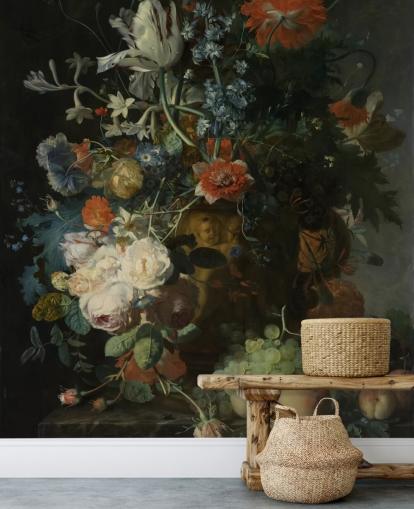 blomstertapet veggmaleri kalt Stilleben med blomster og frukt (1721) av Jan van Huysum for stuer, ganger og bad