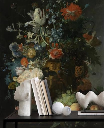 blomstertapet veggmaleri kalt Stilleben med blomster og frukt (1721) av Jan van Huysum for stuer, ganger og bad blomstertapet veggmaleri kalt Stilleben med blomster og frukt (1721) av Jan van Huysum for stuer, ganger og bad