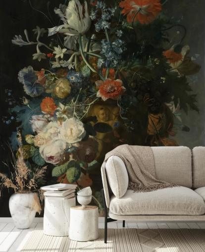 blomstertapet veggmaleri kalt Stilleben med blomster og frukt (1721) av Jan van Huysum for stuer, ganger og bad