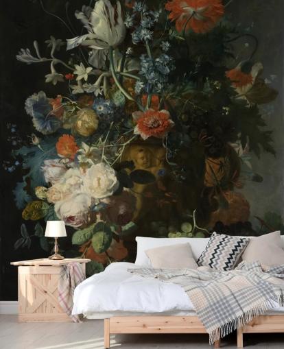 mural de papel de parede floral chamado Still Life with Flowers and Fruit (1721) de Jan van Huysum para salas de estar, corredores e banheiros mural de papel de parede floral chamado Still Life with Flowers and Fruit (1721) de Jan van Huysum para salas de estar, corredores e banheiros