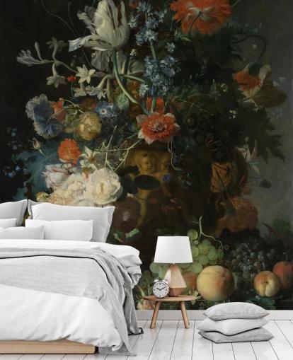 bloemenbehang met de naam Stilleven met bloemen en fruit (1721) van Jan van Huysum voor woonkamers, gangen en badkamers bloemenbehang met de naam Stilleven met bloemen en fruit (1721) van Jan van Huysum voor woonkamers, gangen en badkamers