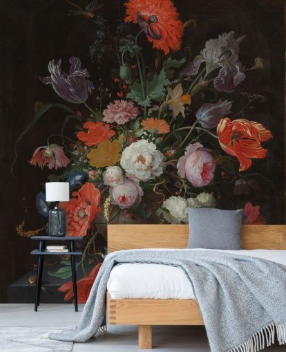 papier peint d'art floral appelé Still Life with Flowers and a Watch d'Abraham Mignon pour les salons et les chambres