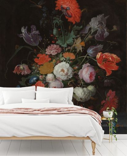 papel de parede floral de belas artes chamado Still Life with Flowers and a Watch de Abraham Mignon para salas de estar e quartos