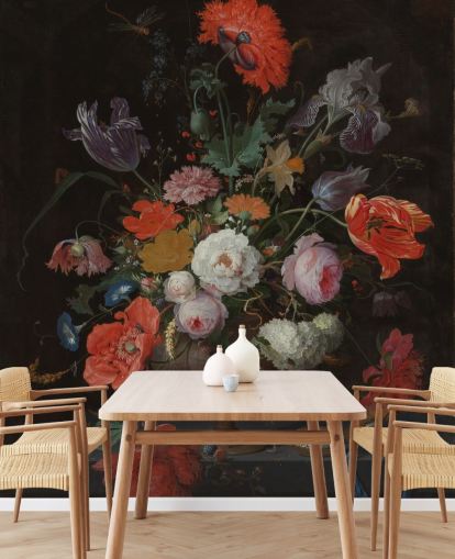 papel pintado floral de bellas artes llamado Naturaleza muerta con flores y un reloj de Abraham Mignon para salas de estar y dormitorios papel pintado floral de bellas artes llamado Naturaleza muerta con flores y un reloj de Abraham Mignon para salas de estar y dormitorios
