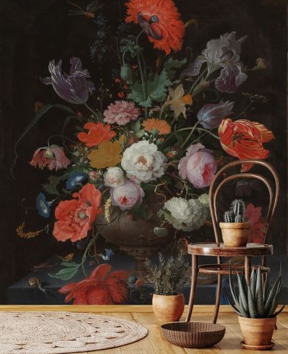 blommig konst tapet kallad Stilleben med blommor och en klocka av Abraham Mignon för vardagsrum och sovrum