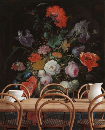 floral fine art wallpaper called Still Life with Flowers and a Watch by Abraham Mignon for living rooms and bedrooms floral fine art wallpaper called Still Life with Flowers and a Watch by Abraham Mignon for living rooms and bedrooms