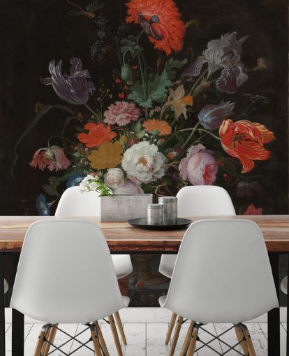 papel de parede floral de belas artes chamado Still Life with Flowers and a Watch de Abraham Mignon para salas de estar e quartos papel de parede floral de belas artes chamado Still Life with Flowers and a Watch de Abraham Mignon para salas de estar e quartos