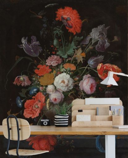 kunstbehang met bloemen genaamd Still Life with Flowers and a Watch van Abraham Mignon voor woon- en slaapkamers