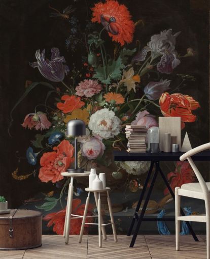 papel pintado floral de bellas artes llamado Naturaleza muerta con flores y un reloj de Abraham Mignon para salas de estar y dormitorios