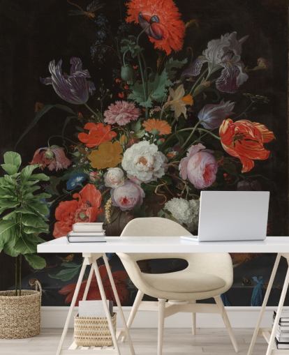 papier peint d'art floral appelé Still Life with Flowers and a Watch d'Abraham Mignon pour les salons et les chambres