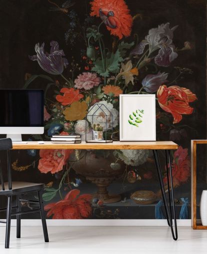 blomsterkunsttapet kalt Stilleben med blomster og en klokke av Abraham Mignon for stuer og soverom blomsterkunsttapet kalt Stilleben med blomster og en klokke av Abraham Mignon for stuer og soverom