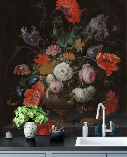 floral fine art wallpaper called Still Life with Flowers and a Watch by Abraham Mignon for living rooms and bedrooms