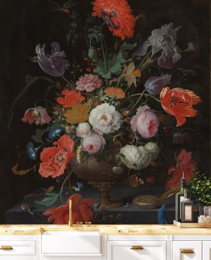 papel pintado floral de bellas artes llamado Naturaleza muerta con flores y un reloj de Abraham Mignon para salas de estar y dormitorios