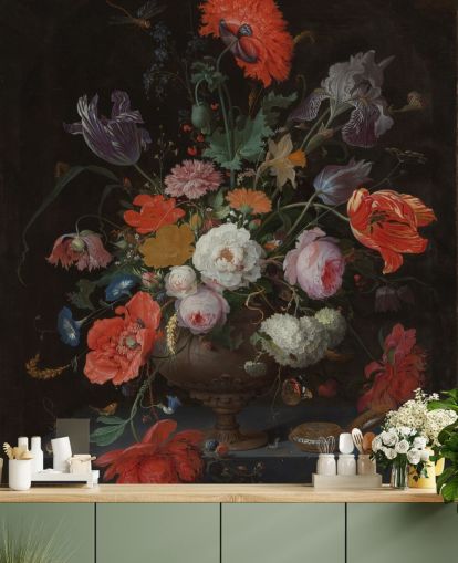 floral fine art wallpaper called Still Life with Flowers and a Watch by Abraham Mignon for living rooms and bedrooms