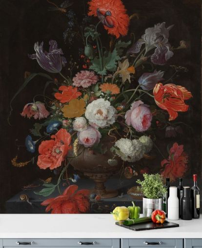 floral fine art wallpaper called Still Life with Flowers and a Watch by Abraham Mignon for living rooms and bedrooms