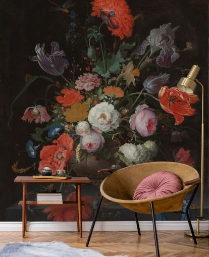 floral fine art wallpaper called Still Life with Flowers and a Watch by Abraham Mignon for living rooms and bedrooms