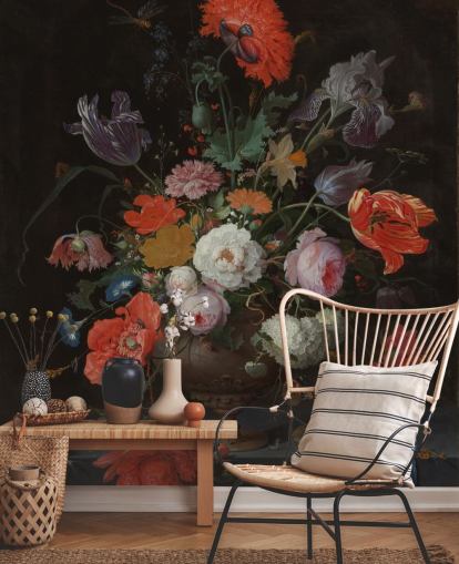 florale Kunsttapete namens Stillleben mit Blumen und einer Uhr von Abraham Mignon für Wohn- und Schlafzimmer
