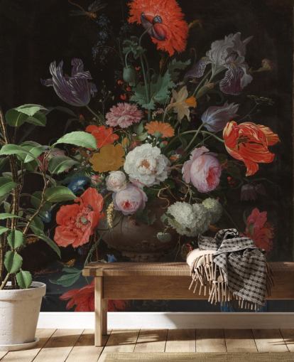 blommig konst tapet kallad Stilleben med blommor och en klocka av Abraham Mignon för vardagsrum och sovrum blommig konst tapet kallad Stilleben med blommor och en klocka av Abraham Mignon för vardagsrum och sovrum