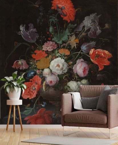 floral fine art wallpaper called Still Life with Flowers and a Watch by Abraham Mignon for living rooms and bedrooms floral fine art wallpaper called Still Life with Flowers and a Watch by Abraham Mignon for living rooms and bedrooms