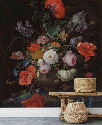 blommig konst tapet kallad Stilleben med blommor och en klocka av Abraham Mignon för vardagsrum och sovrum blommig konst tapet kallad Stilleben med blommor och en klocka av Abraham Mignon för vardagsrum och sovrum
