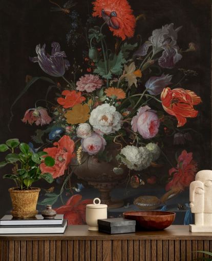 blomsterkunsttapet kaldet Stilleben med blomster og et ur af Abraham Mignon til stuer og soveværelser