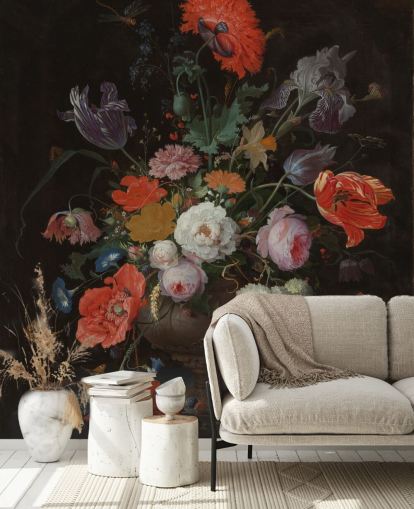 blomsterkunsttapet kaldet Stilleben med blomster og et ur af Abraham Mignon til stuer og soveværelser blomsterkunsttapet kaldet Stilleben med blomster og et ur af Abraham Mignon til stuer og soveværelser