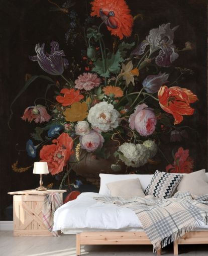 papel pintado floral de bellas artes llamado Naturaleza muerta con flores y un reloj de Abraham Mignon para salas de estar y dormitorios