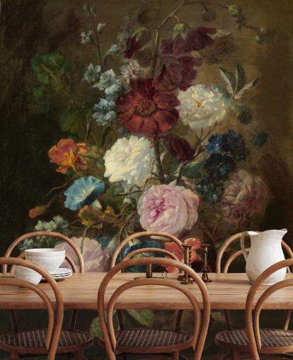 bloemenbehang muurschildering genaamd Vase of Flowers III van Jan van Huysum voor bedrijven en woningen bloemenbehang muurschildering genaamd Vase of Flowers III van Jan van Huysum voor bedrijven en woningen
