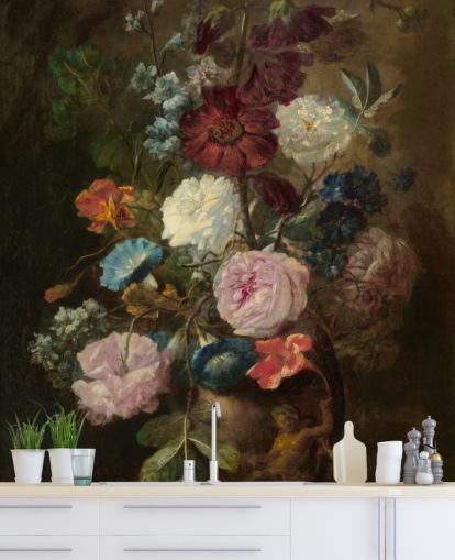 Blumentapetenwandbild namens Vase of Flowers III von Jan van Huysum für Unternehmen und Privathaushalte