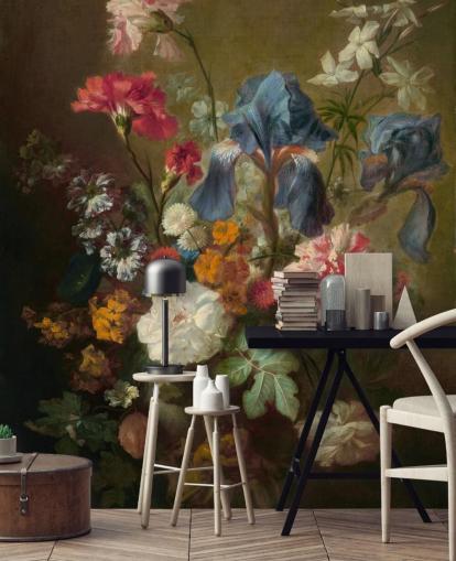 floral wallpaper mural called Vase of Flowers IV by Jan van Huysum for lounges and bedrooms