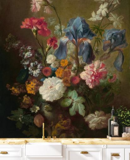 floral wallpaper mural called Vase of Flowers IV by Jan van Huysum for lounges and bedrooms